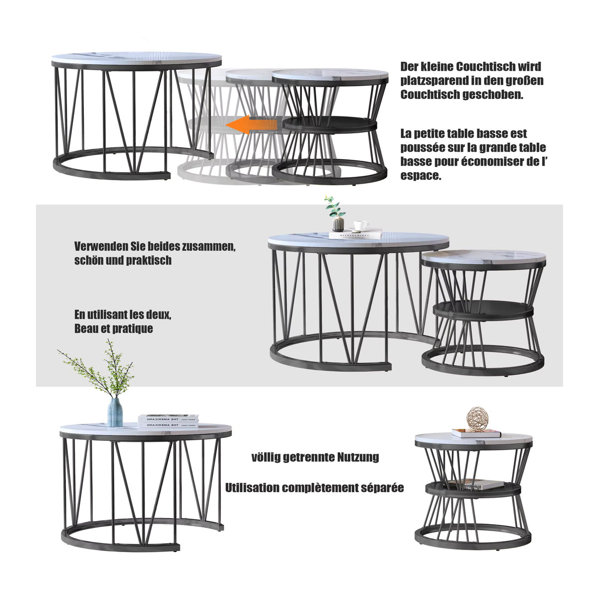 Anajqaqia 2er-Set moderne runde Couchtische und Beistelltische mit Stauraum und goldenem Metallrahmen in Schwarz - Bild 2