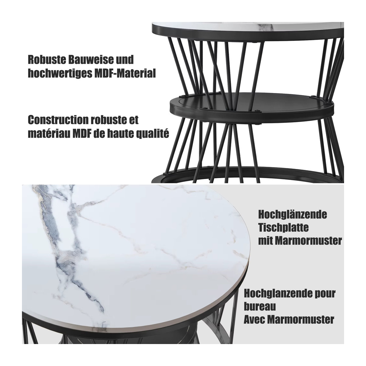 Anajqaqia 2er-Set moderne runde Couchtische und Beistelltische mit Stauraum und goldenem Metallrahmen in Schwarz - Bild 4