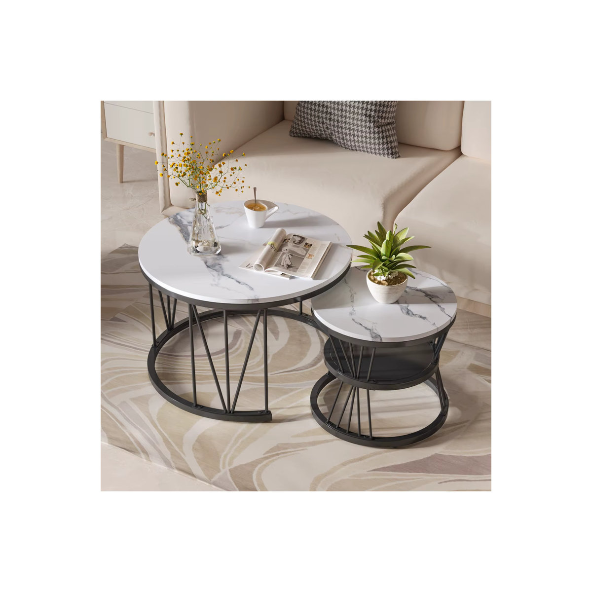 Anajqaqia 2er-Set moderne runde Couchtische und Beistelltische mit Stauraum und goldenem Metallrahmen in Schwarz - Bild 5
