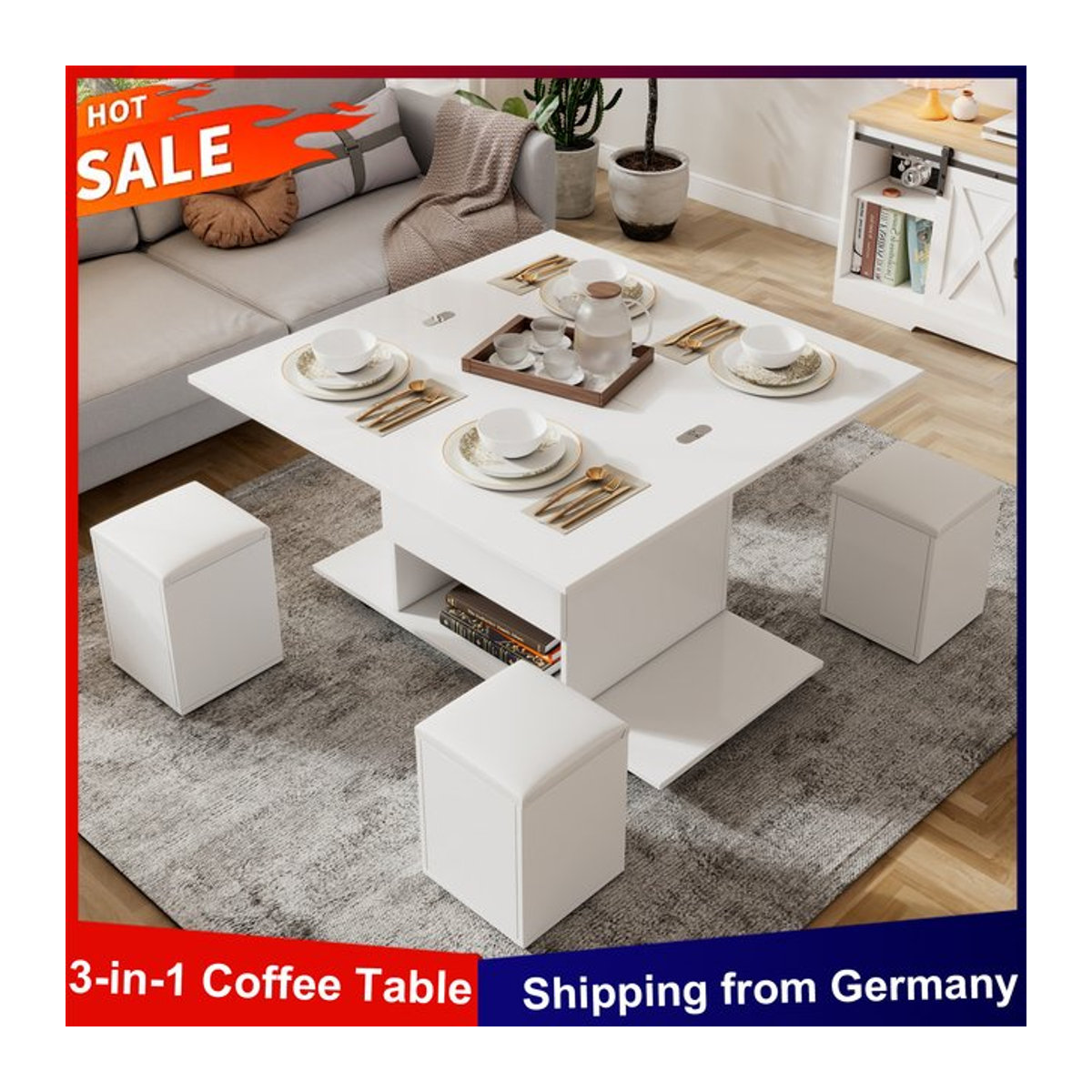 Anajqaqia 3-in-1 Couchtisch in Weiß mit 4 Hockern aus Kunstleder und Rollen, multifunktionaler verstellbarer Wohnzimmertisch und Arbeitstisch, quadratisch und modern - Bild 1