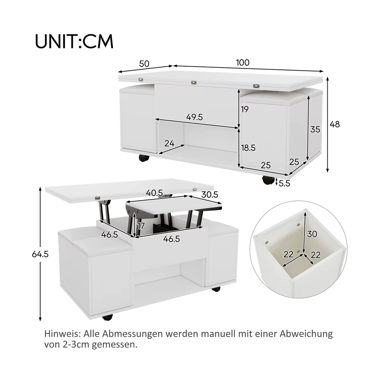 Anajqaqia 3-in-1 Couchtisch in Weiß mit 4 Hockern aus Kunstleder und Rollen, multifunktionaler verstellbarer Wohnzimmertisch und Arbeitstisch, quadratisch und modern - Bild 2