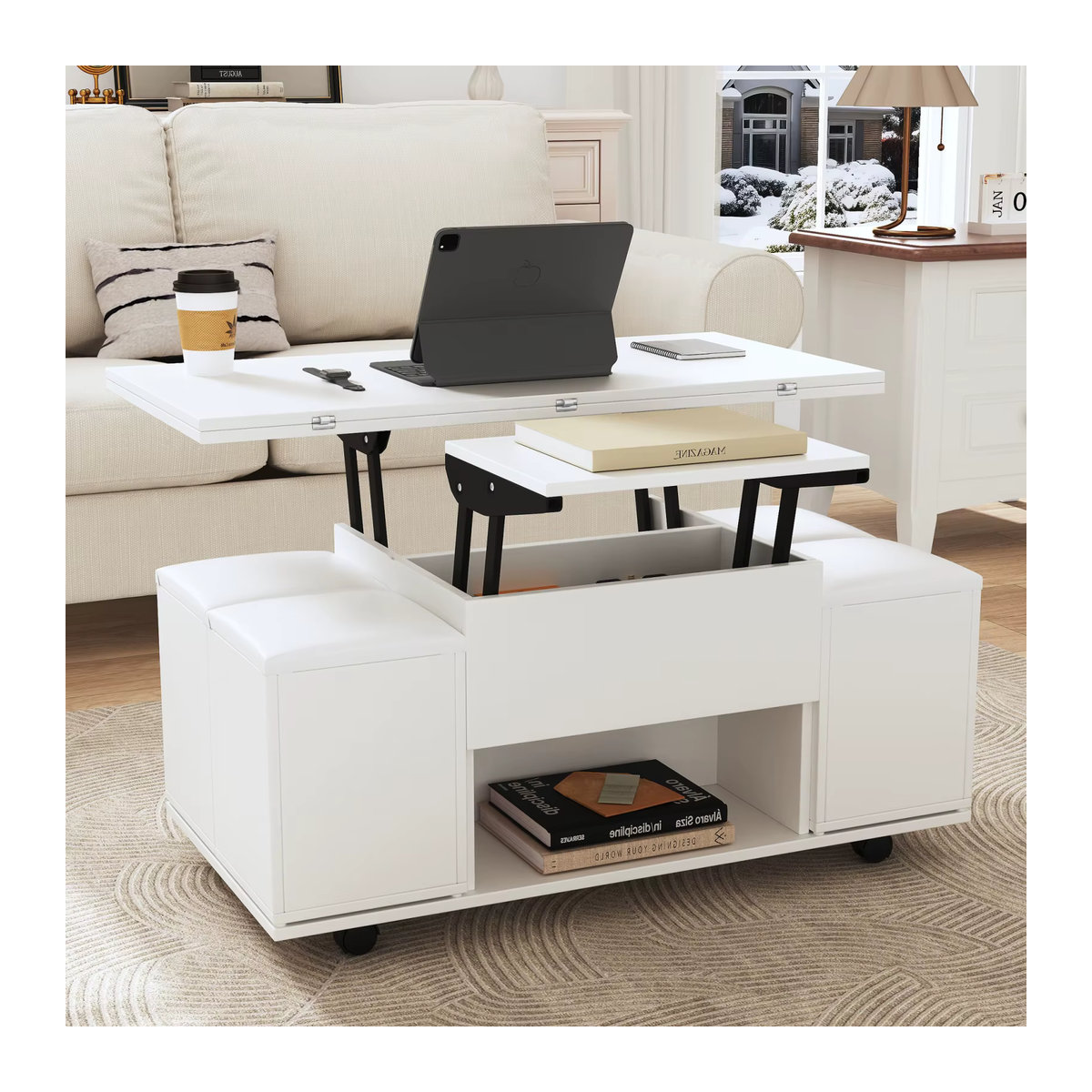 Anajqaqia 3-in-1 Couchtisch in Weiß mit 4 Hockern aus Kunstleder und Rollen, multifunktionaler verstellbarer Wohnzimmertisch und Arbeitstisch, quadratisch und modern - Bild 3