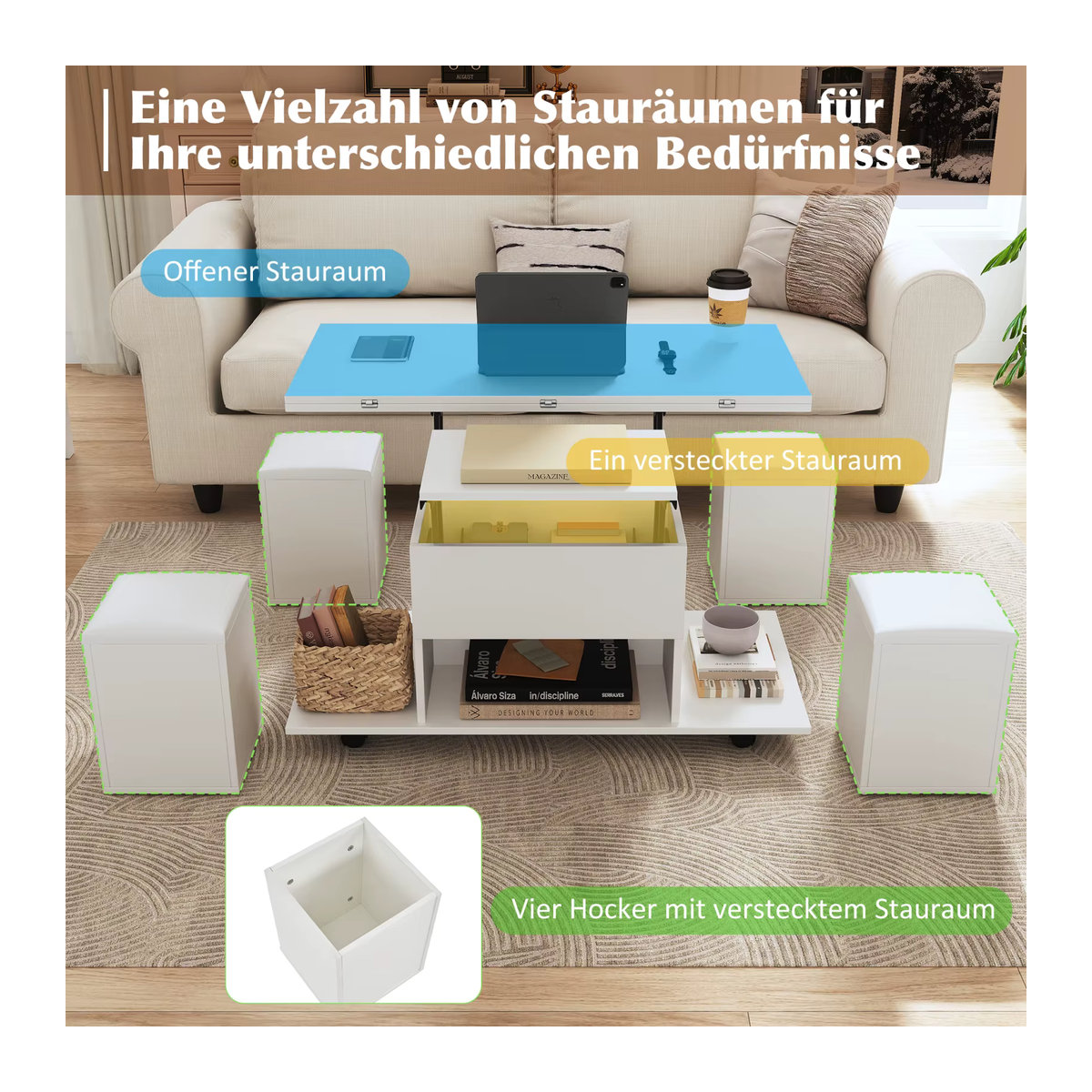 Anajqaqia 3-in-1 Couchtisch in Weiß mit 4 Hockern aus Kunstleder und Rollen, multifunktionaler verstellbarer Wohnzimmertisch und Arbeitstisch, quadratisch und modern - Bild 4