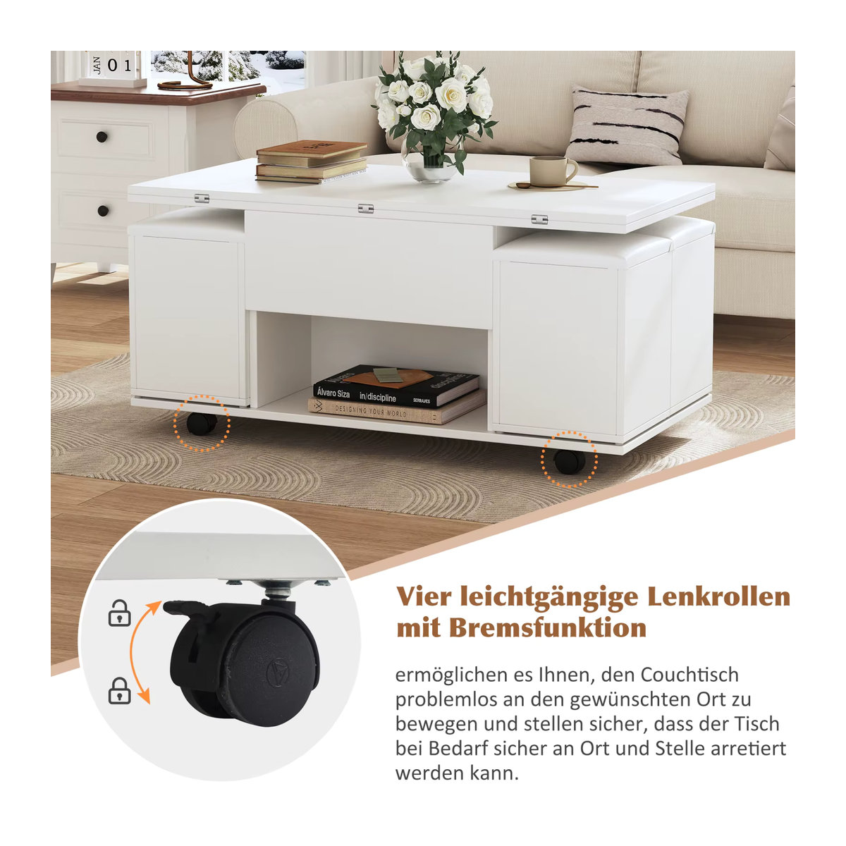 Anajqaqia 3-in-1 Couchtisch in Weiß mit 4 Hockern aus Kunstleder und Rollen, multifunktionaler verstellbarer Wohnzimmertisch und Arbeitstisch, quadratisch und modern - Bild 5