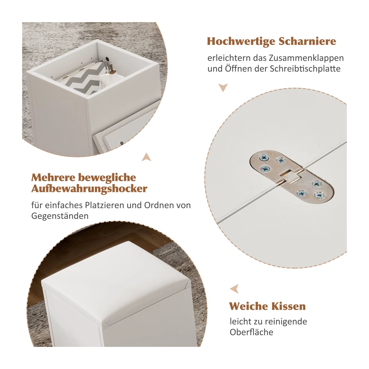 Anajqaqia 3-in-1 Couchtisch in Weiß mit 4 Hockern aus Kunstleder und Rollen, multifunktionaler verstellbarer Wohnzimmertisch und Arbeitstisch, quadratisch und modern - Bild 6