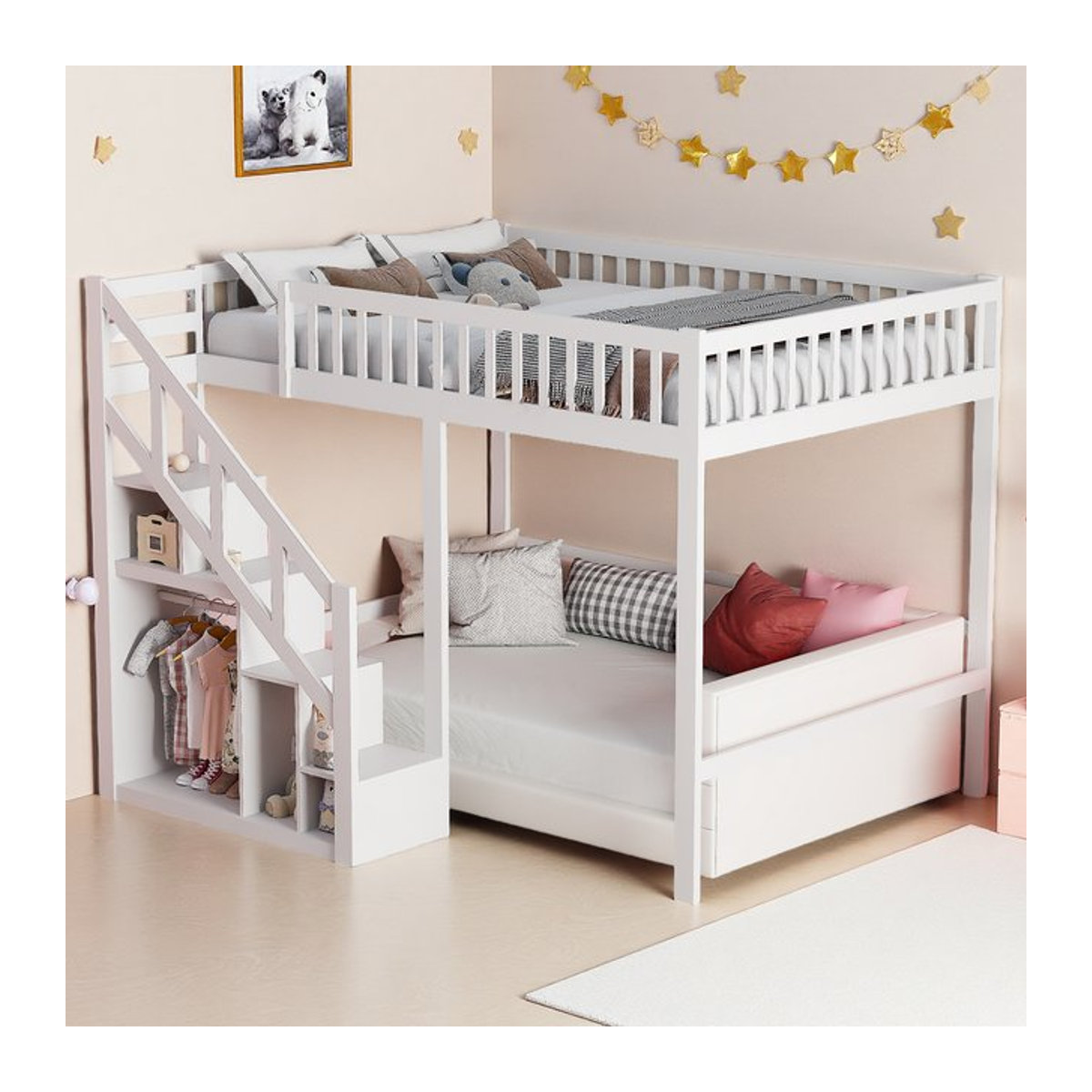 Anajqaqia Kinder-Etagenbett aus Massivholz mit Sicherheitstreppe und Aufbewahrungsschrank, Weiß, B: 90 cm, L: 200 cm - Bild 1