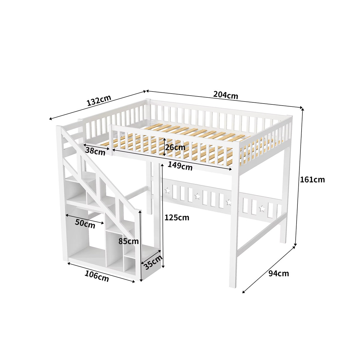 Anajqaqia Kinder-Etagenbett aus Massivholz mit Sicherheitstreppe und Aufbewahrungsschrank, Weiß, B: 90 cm, L: 200 cm - Bild 2