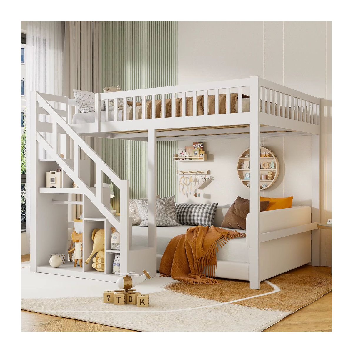 Anajqaqia Kinder-Etagenbett aus Massivholz mit Sicherheitstreppe und Aufbewahrungsschrank, Weiß, B: 90 cm, L: 200 cm - Bild 3