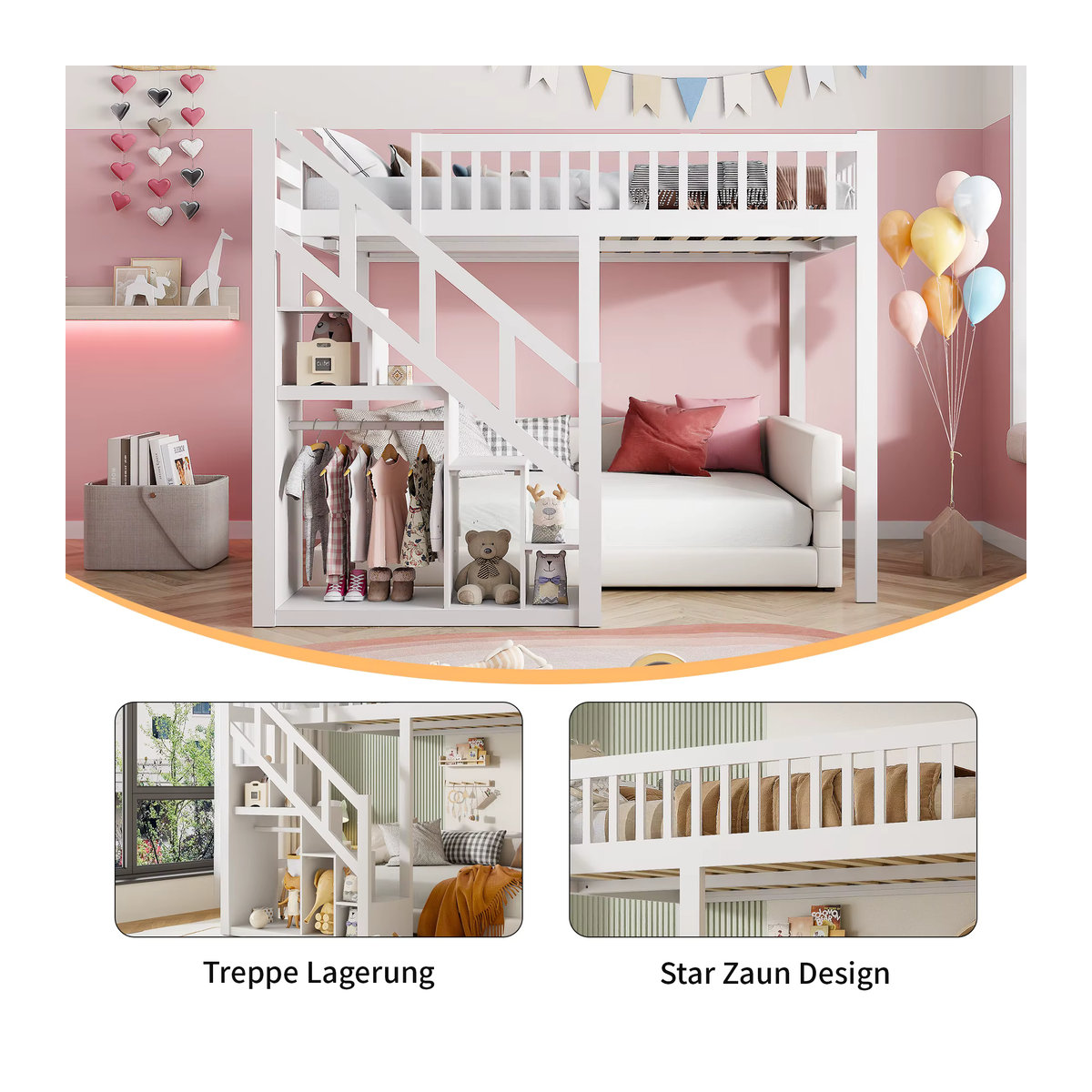 Anajqaqia Kinder-Etagenbett aus Massivholz mit Sicherheitstreppe und Aufbewahrungsschrank, Weiß, B: 90 cm, L: 200 cm - Bild 4