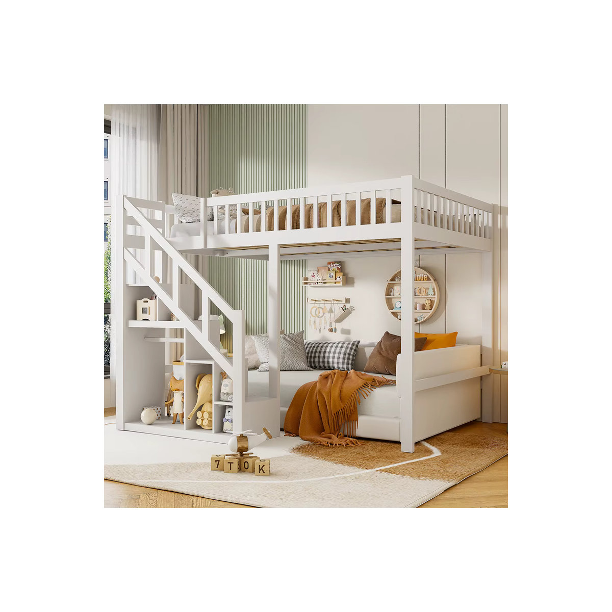 Anajqaqia Kinder-Etagenbett aus Massivholz mit Sicherheitstreppe und Aufbewahrungsschrank, Weiß, B: 90 cm, L: 200 cm - Bild 5