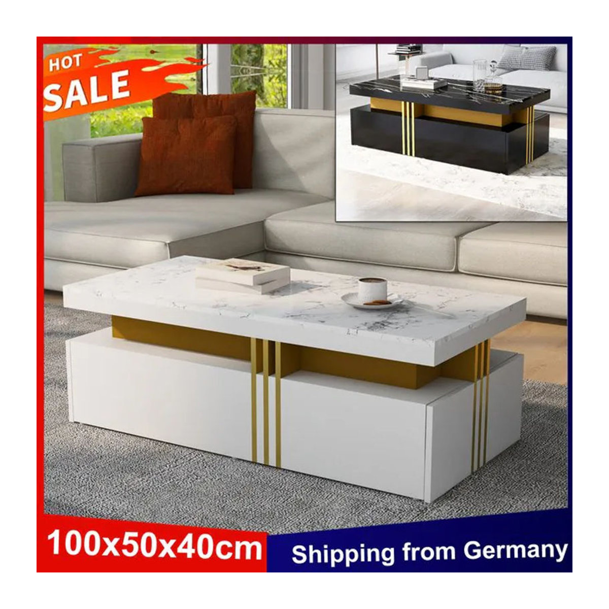 Anajqaqia Moderner Couchtisch mit 2 Schubladen und Hochglanzplatte in Schwarz und Weiß, rechteckiger Beistelltisch aus Holzwerkstoff, B/T/H: 100 x 50 x 40 cm - Bild 1