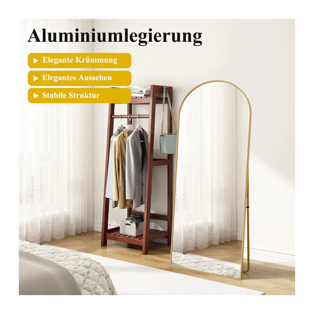 Anajqaqia Moderner Gebogener Ganzkörperspiegel mit Aluminiumrahmen und Kippfunktion, Bogenförmig, Schwarz oder Gold, Höhe: 164 cm, Breite: 54 cm, Tiefe: 54 cm - Bild 3