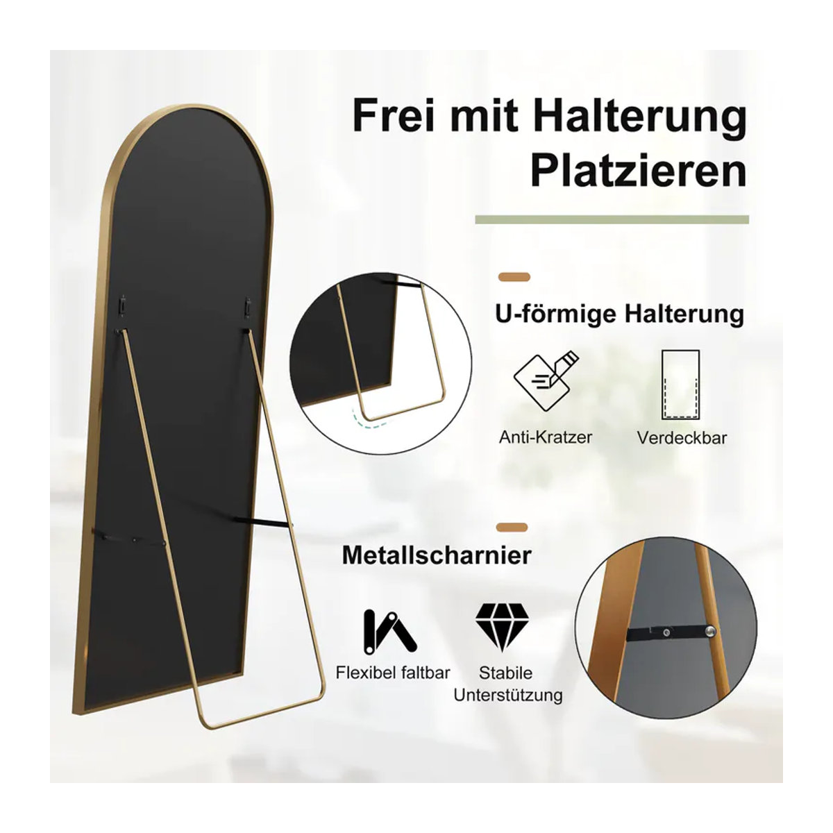 Anajqaqia Moderner Gebogener Ganzkörperspiegel mit Aluminiumrahmen und Kippfunktion, Bogenförmig, Schwarz oder Gold, Höhe: 164 cm, Breite: 54 cm, Tiefe: 54 cm - Bild 5