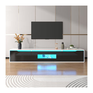 Anajqaqia Moderner TV-Schrank in Schwarz/Weiß mit LED-Beleuchtung und Stauraum, B/T/H: 180 x 30 x 35 cm