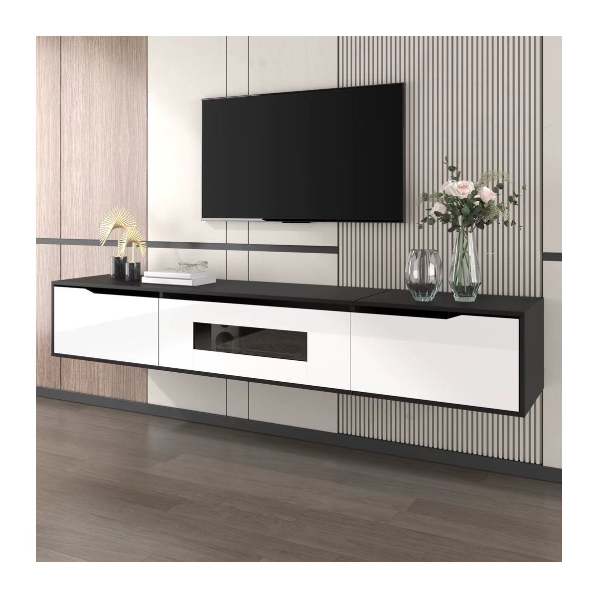 Anajqaqia Modernes TV-Lowboard in Schwarz/Weiß mit LED-Beleuchtung und USB-Anschluss, 180 cm Breite - Bild 2