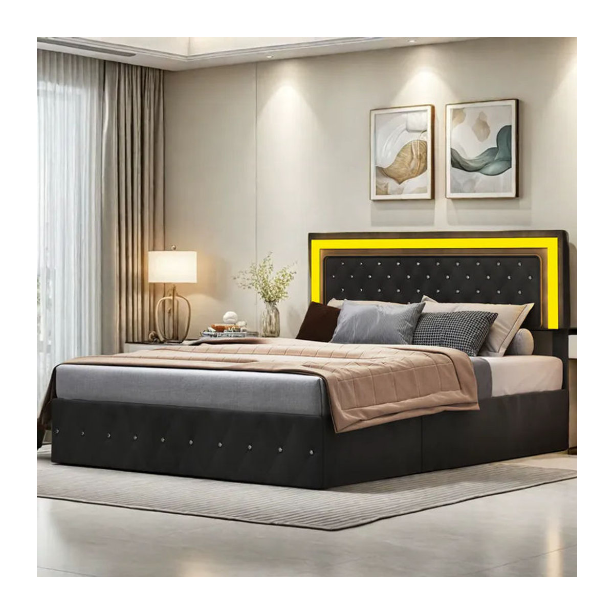 Anajqaqia Polsterbett aus Samt mit LED-Beleuchtung und Stauraum, B/T: 160 x 200 cm, Schwarz - Bild 2