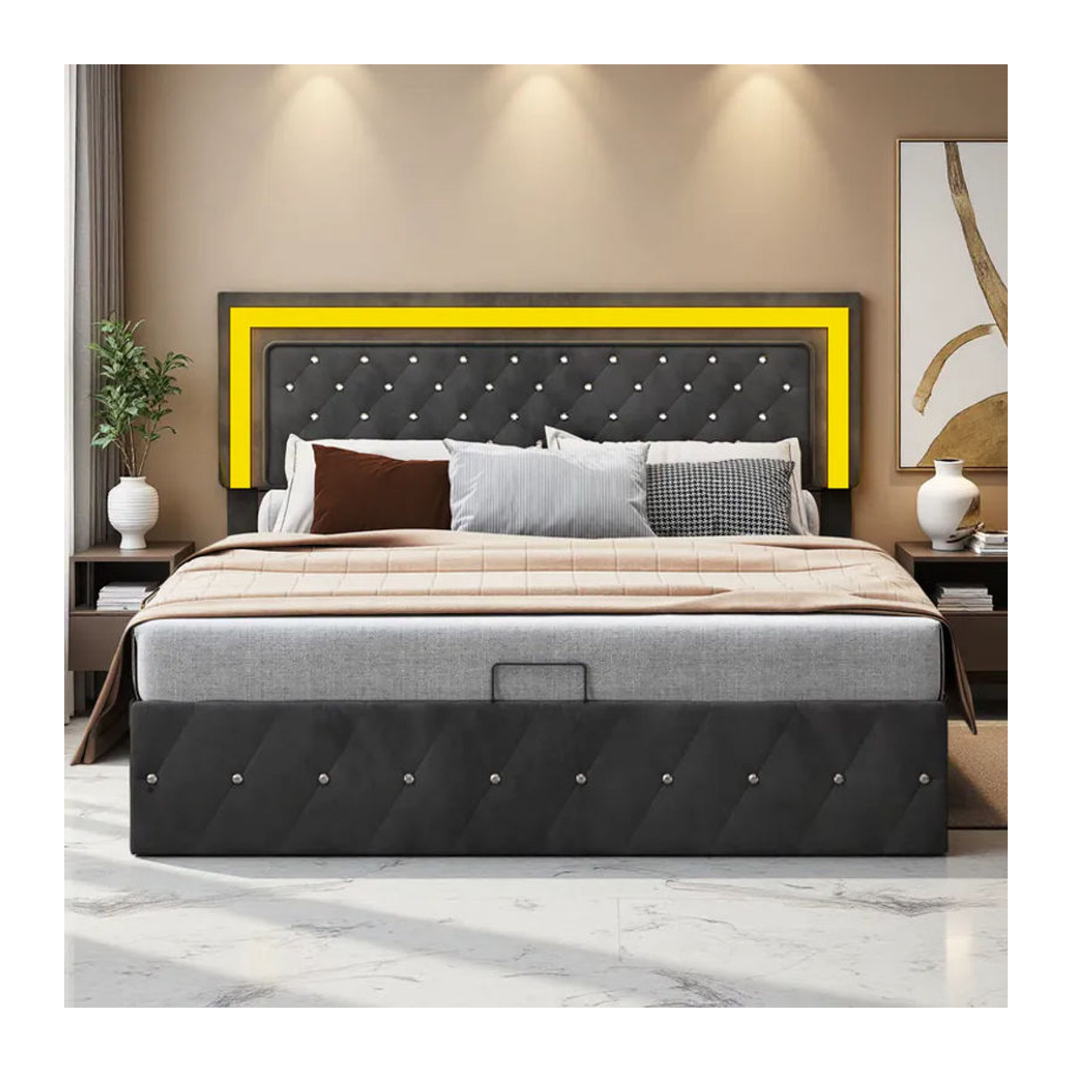 Anajqaqia Polsterbett aus Samt mit LED-Beleuchtung und Stauraum, B/T: 160 x 200 cm, Schwarz - Bild 3