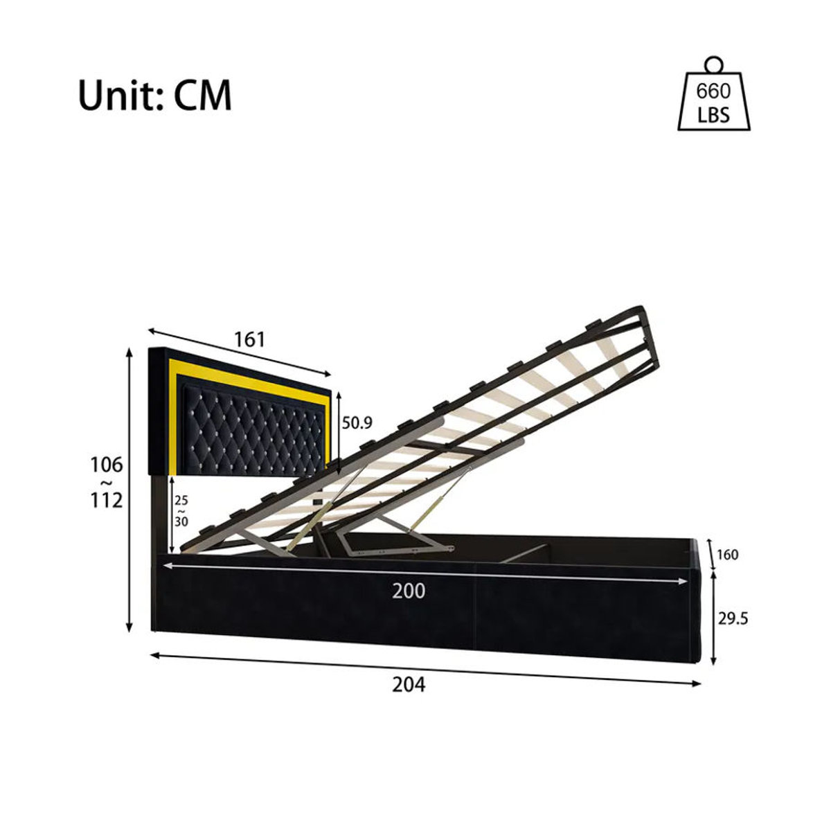 Anajqaqia Polsterbett aus Samt mit LED-Beleuchtung und Stauraum, B/T: 160 x 200 cm, Schwarz - Bild 5