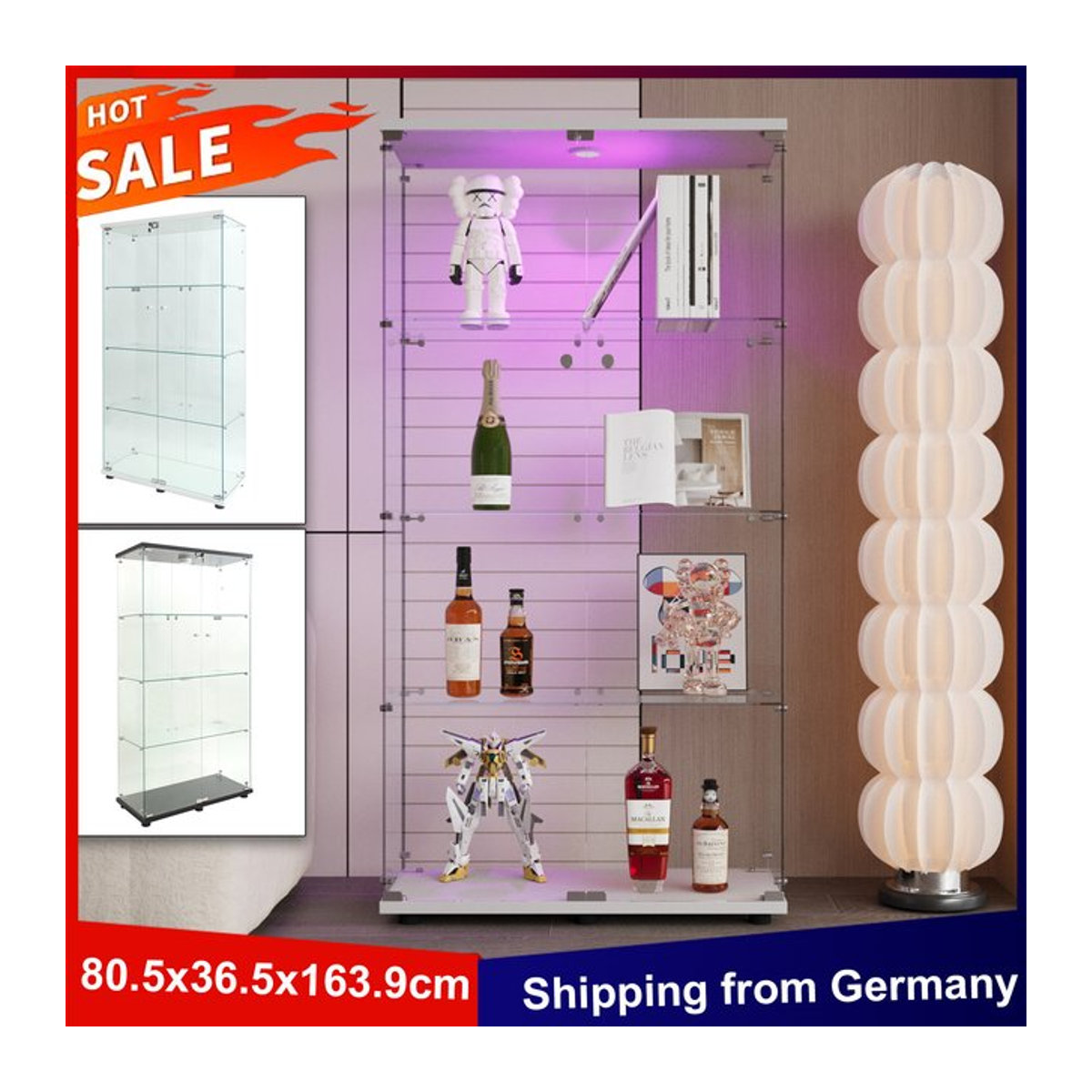Anajqaqia Vitrinenschrank in Weiß mit LED-Licht, 4 Regalen und 2 Glastüren, modern und freistehend, H x B x T: 163,9 x 36,5 x 36,5 cm - Bild 1