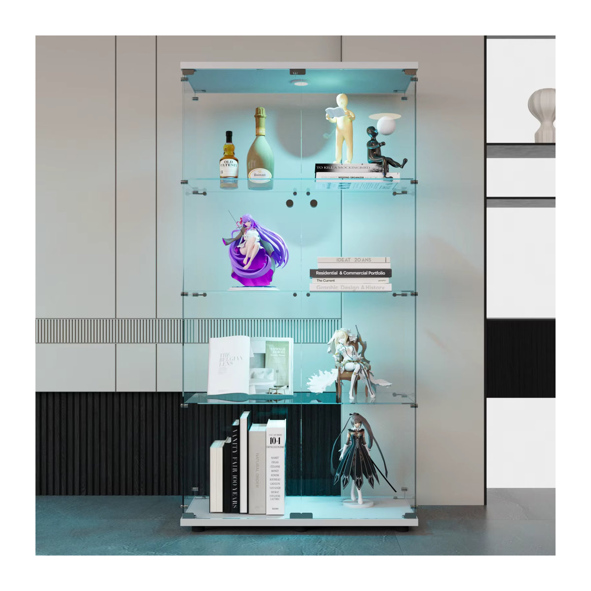 Anajqaqia Vitrinenschrank in Weiß mit LED-Licht, 4 Regalen und 2 Glastüren, modern und freistehend, H x B x T: 163,9 x 36,5 x 36,5 cm - Bild 3