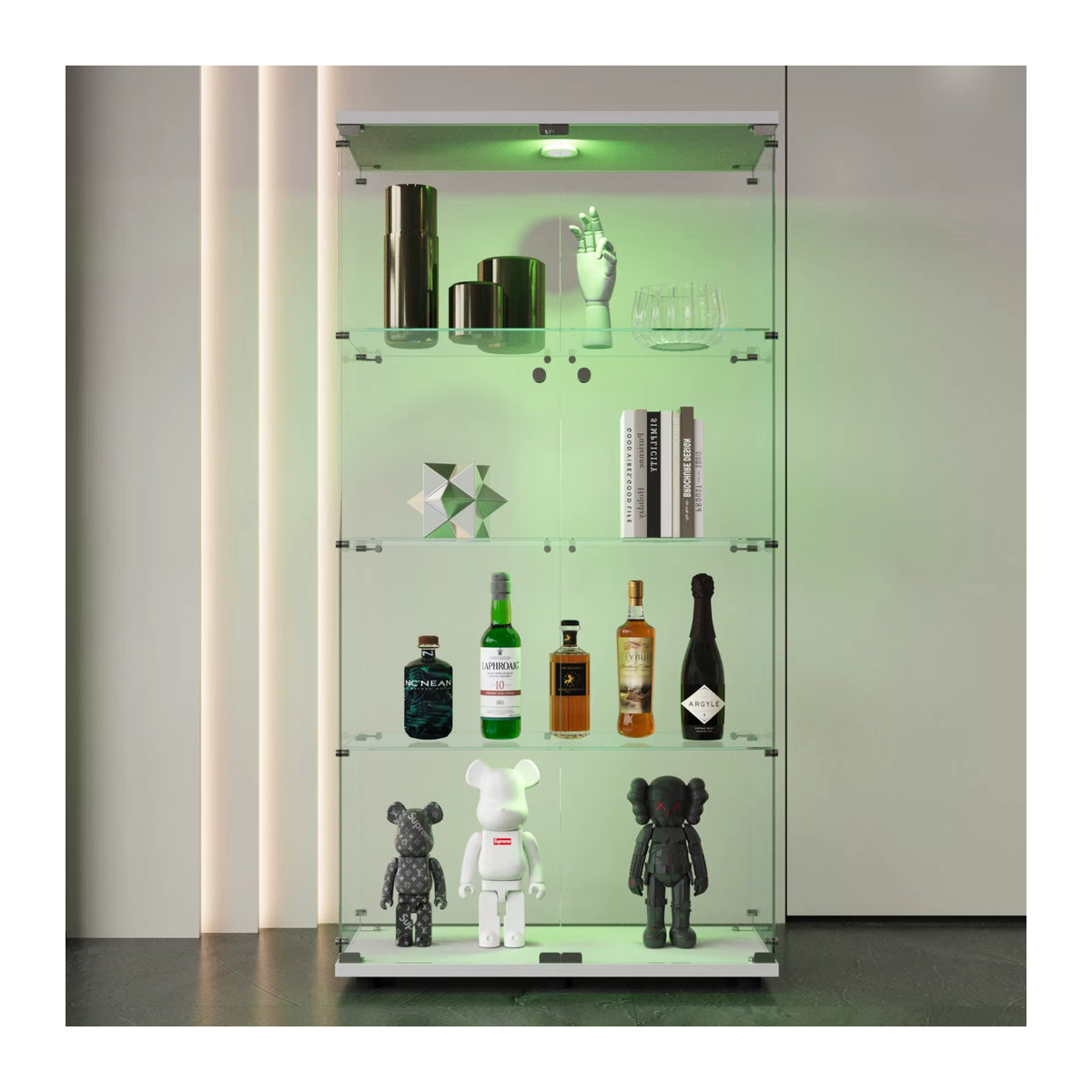 Anajqaqia Vitrinenschrank in Weiß mit LED-Licht, 4 Regalen und 2 Glastüren, modern und freistehend, H x B x T: 163,9 x 36,5 x 36,5 cm - Bild 4