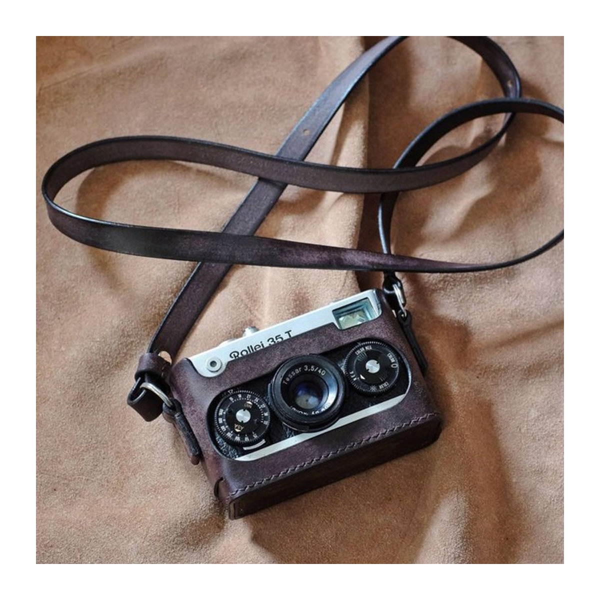 Andralyn Kamera-Schutzhülle aus echtem Rindsleder für Rollei 35 35t 35s in Rot und Braun im Retro-Stil - Bild 1