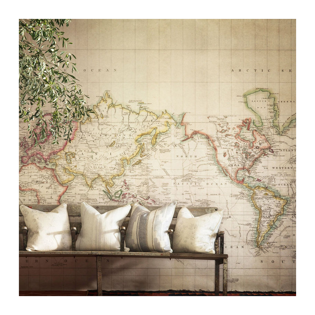 Andrew Martin Wandbild Latitude Weltkarte im Vintage-Stil, mehrfarbig und beige, abstraktes Kartenmotiv auf Papier im Querformat - Bild 1