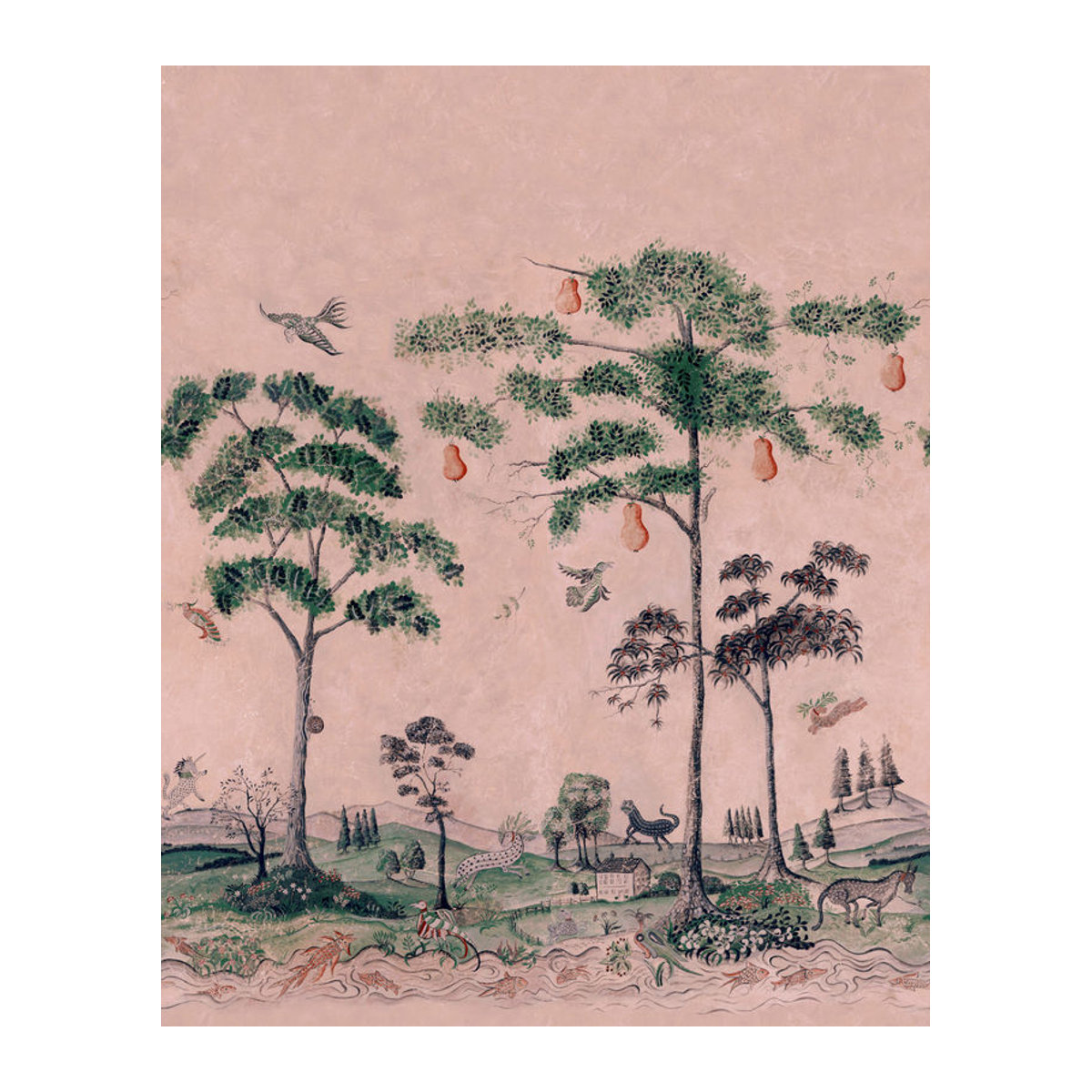 Andrew Martin Wandbild Mythical Land - Daybreak im Vintage-Stil mit Tierprint und Landschaftsmotiv in Rosa und Mehrfarbig - Bild 1