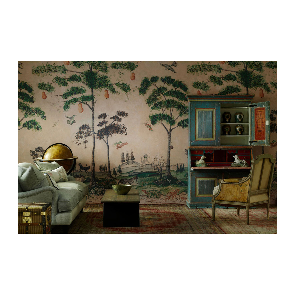 Andrew Martin Wandbild Mythical Land - Daybreak im Vintage-Stil mit Tierprint und Landschaftsmotiv in Rosa und Mehrfarbig - Bild 2