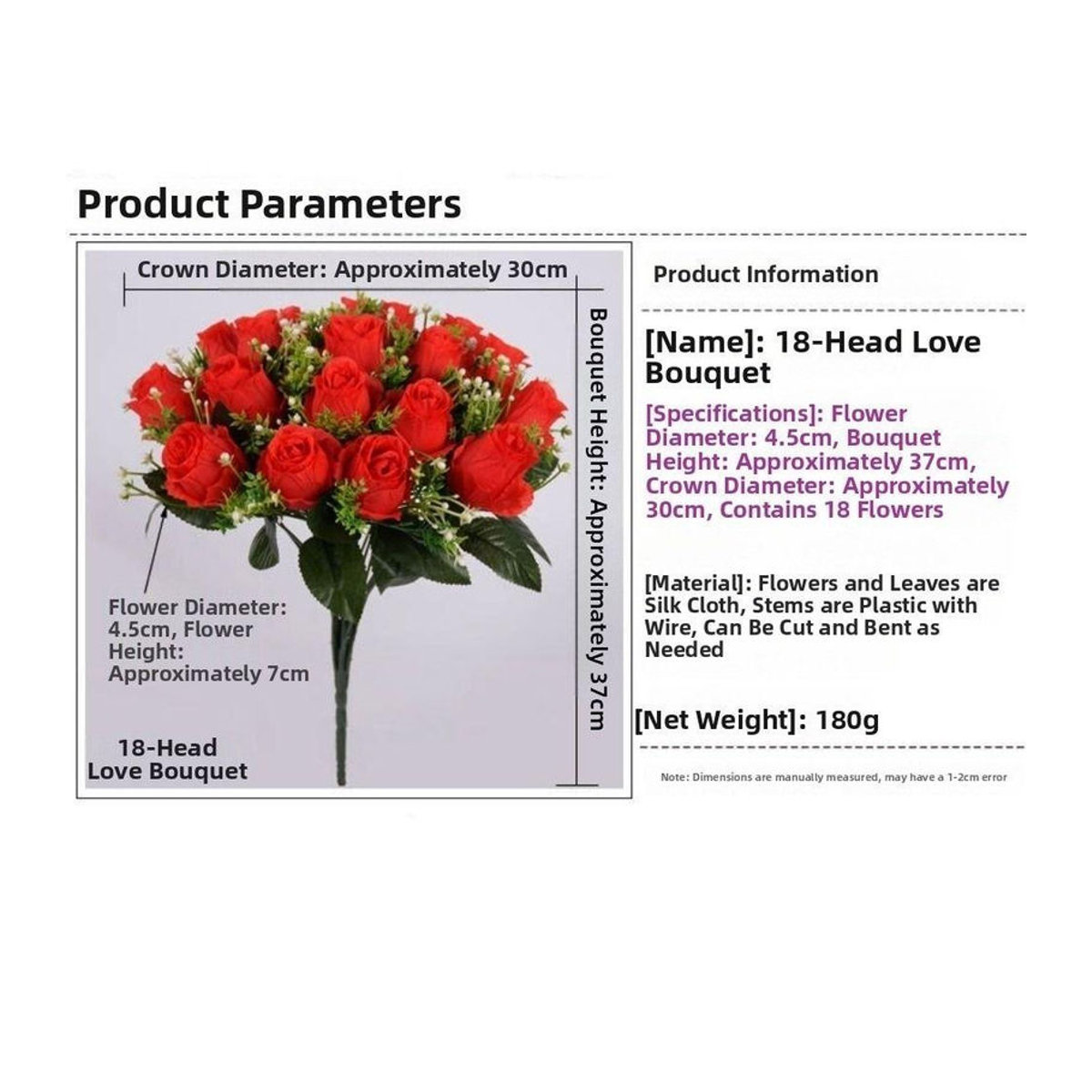 Angunda Künstliches Rosen-Bouquet aus Kristallgras mit 18 Köpfen in Weinrot, Rosa, Rot und Blau zur Dekoration - Bild 7
