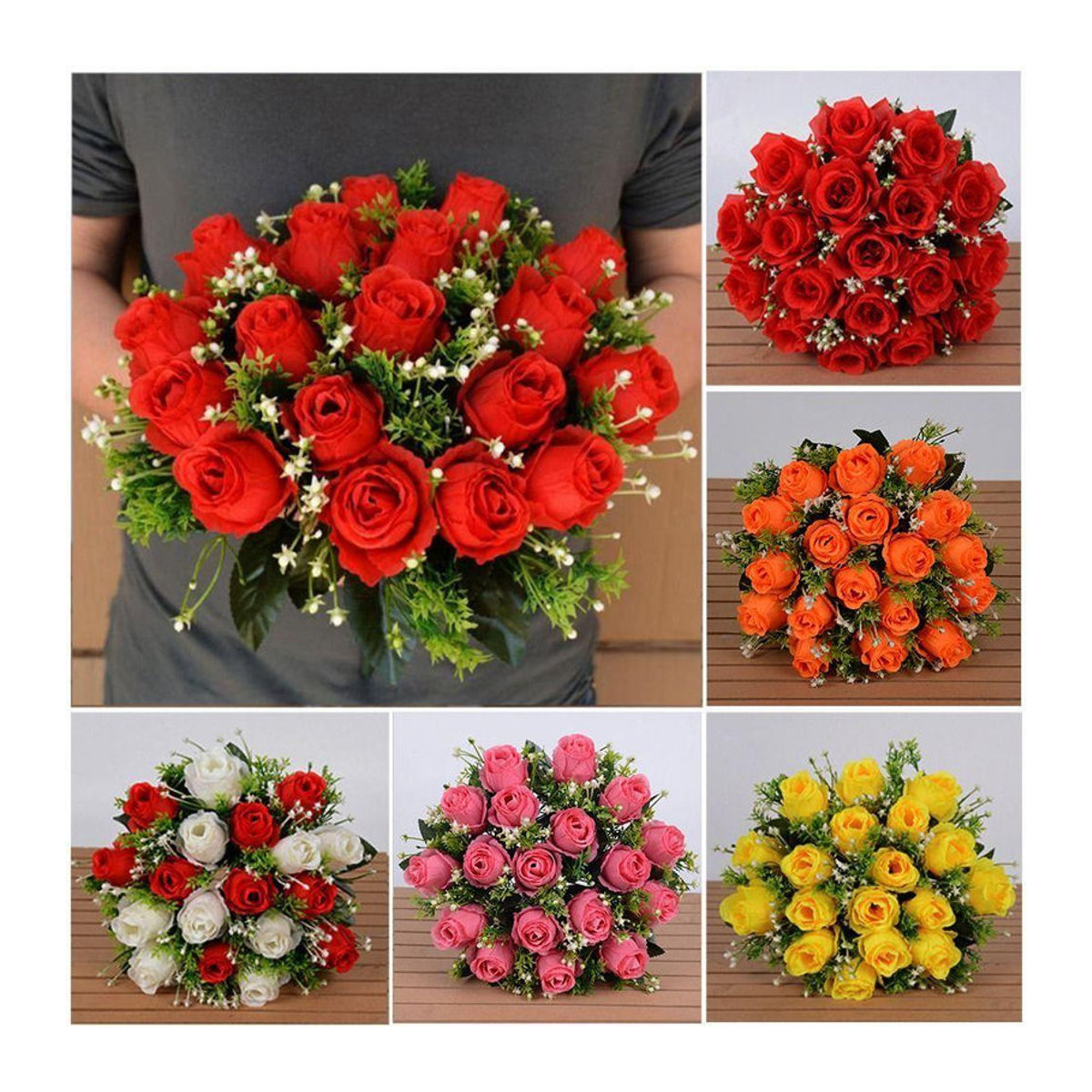 Angunda Künstliches Rosen-Bouquet aus Kristallgras mit 18 Köpfen in Weinrot, Rosa, Rot und Blau zur Dekoration - Bild 8