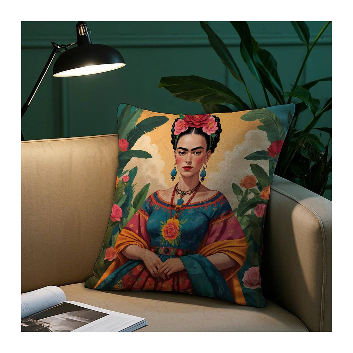 Anime Frida Kahlo Kunst Kissenbezug aus seidigem Kurzplüsch mit verdecktem Reißverschluss, Multicolor, B/H: 18 x 18 cm - Bild 1