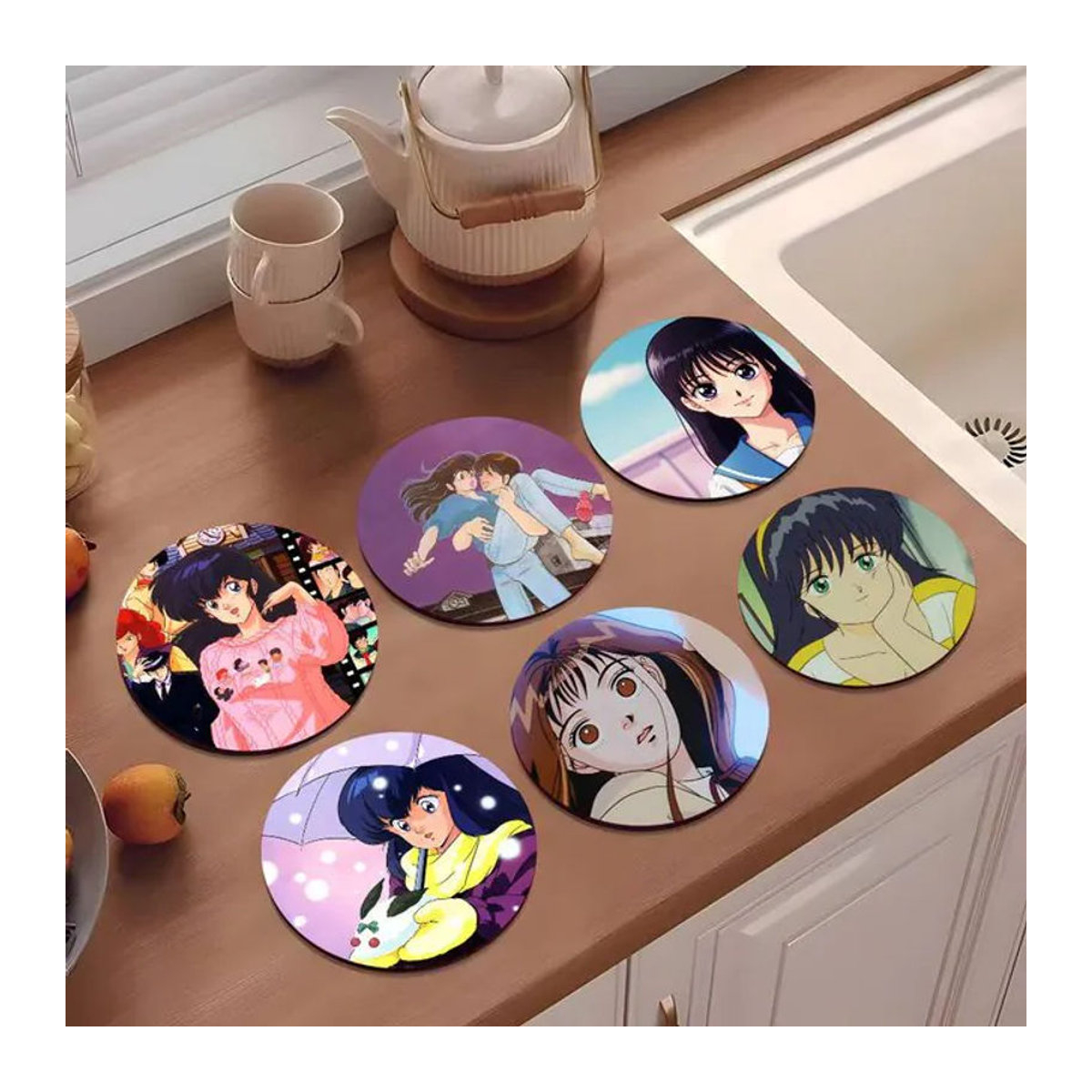 Anime Maison Ikkoku Holzuntersetzer mit Farbdruck, rund, mehrfarbig - Bild 1