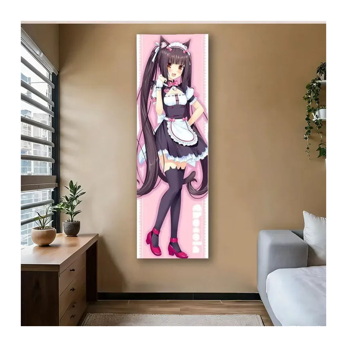 Anime Sweet Cat Maid Vertikaler Wandteppich in Rosa mit Katzenohren, Textil-Wandbehang für Schlafzimmer und Teenager, B: 40 cm, H: 150 cm - Bild 2