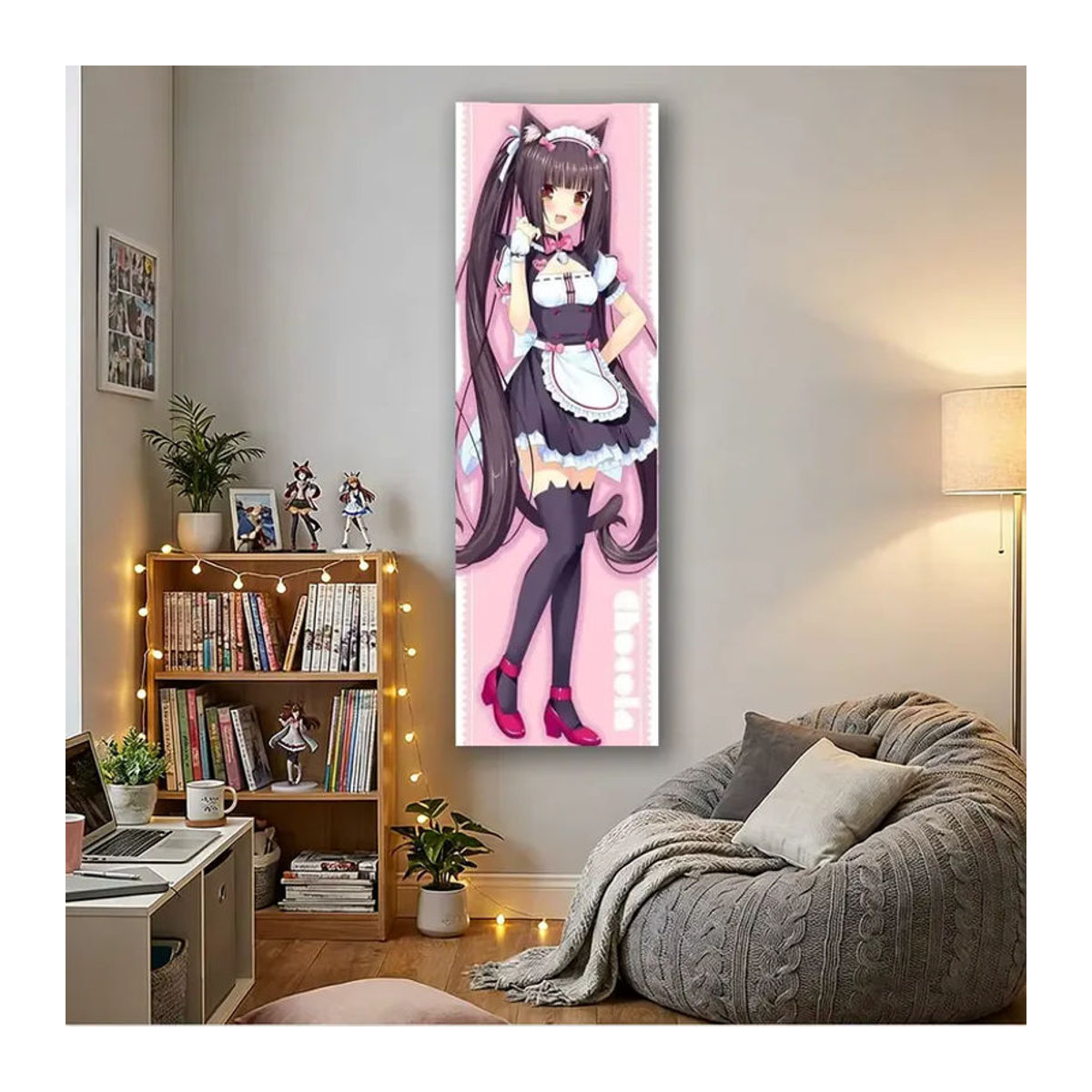 Anime Sweet Cat Maid Vertikaler Wandteppich in Rosa mit Katzenohren, Textil-Wandbehang für Schlafzimmer und Teenager, B: 40 cm, H: 150 cm - Bild 3