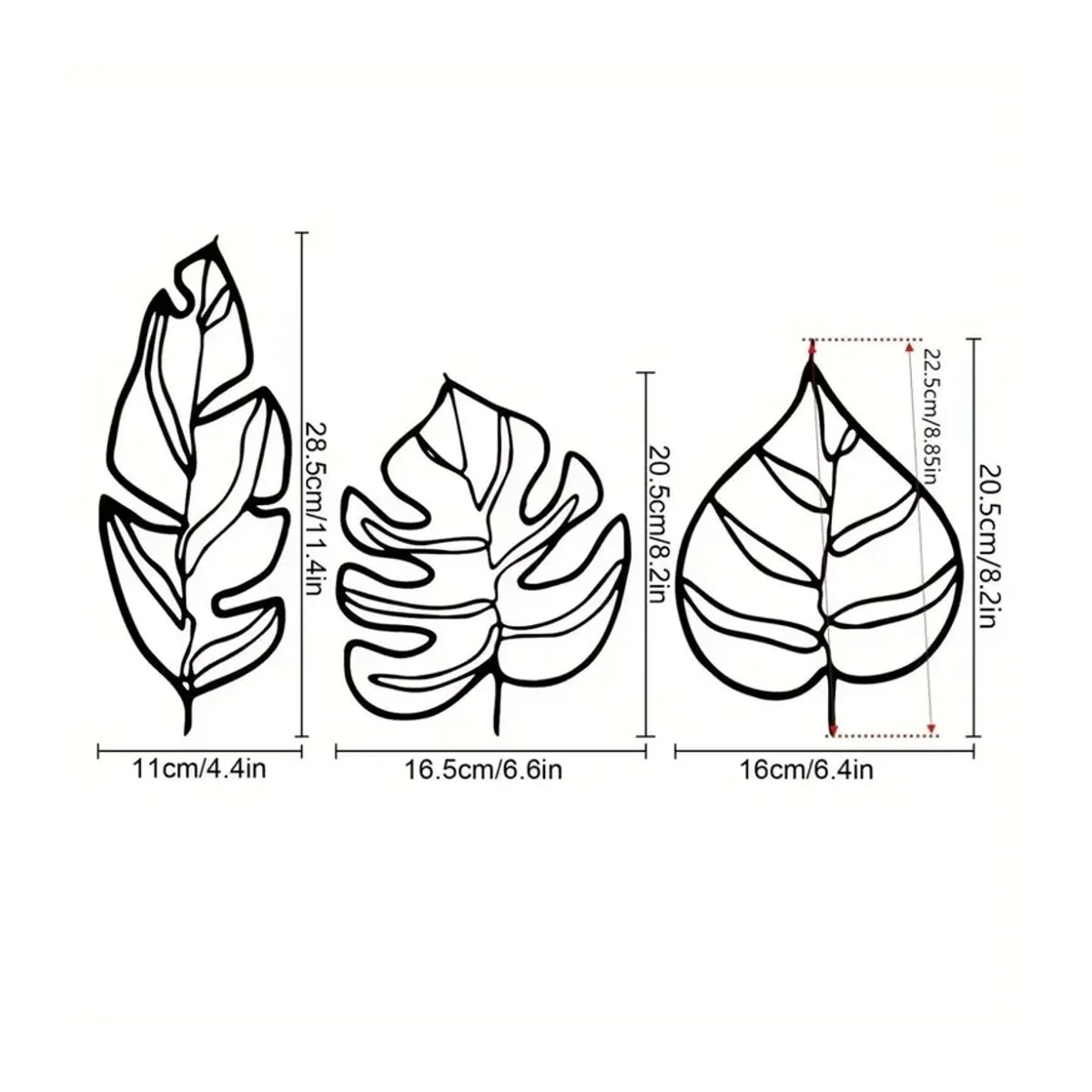 Animula Metall-Wandkunst Set aus 3 Stück, minimalistische Blattdekoration aus Aluminium in Schwarz, hängende Wandgestaltung in unregelmäßiger Form - Bild 2