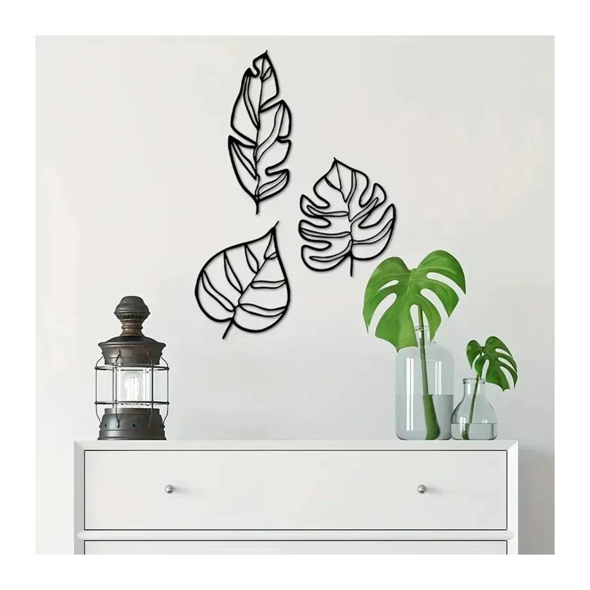 Animula Metall-Wandkunst Set aus 3 Stück, minimalistische Blattdekoration aus Aluminium in Schwarz, hängende Wandgestaltung in unregelmäßiger Form - Bild 4