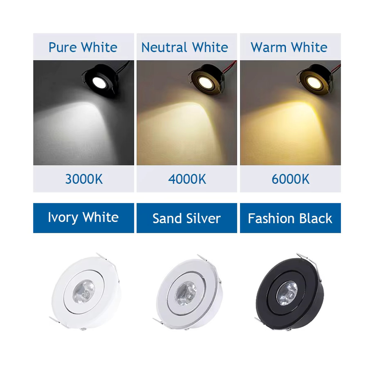 ANMIEPY Mini-LED-Downlight-Schrank-Einbaustrahler Set, 6 Stück, Schwarz/Silber, Warmweiß und Weiß, Aluminium - Bild 2