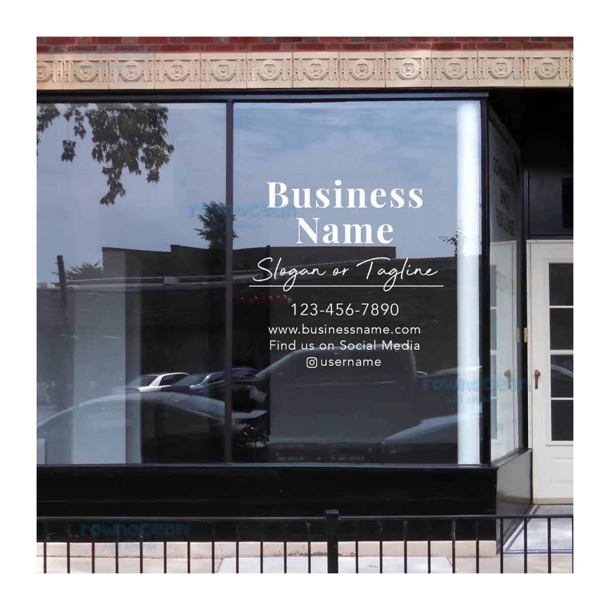 Anpassbarer Fensteraufkleber ROWNOCEAN mit Logo oder Firmennamen in Weiß, Vinyl Aufkleber für Schaufenster, Tür und Wand, rechteckig und abnehmbar - Bild 2