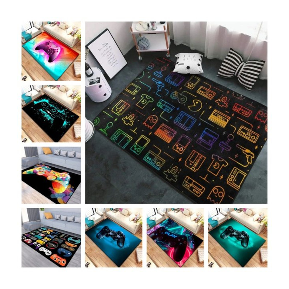 Anti-Rutsch Druckteppich mit Gamer Controller Muster in Schwarz für dein Spielzimmer oder Esport-Bereich - Bild 1