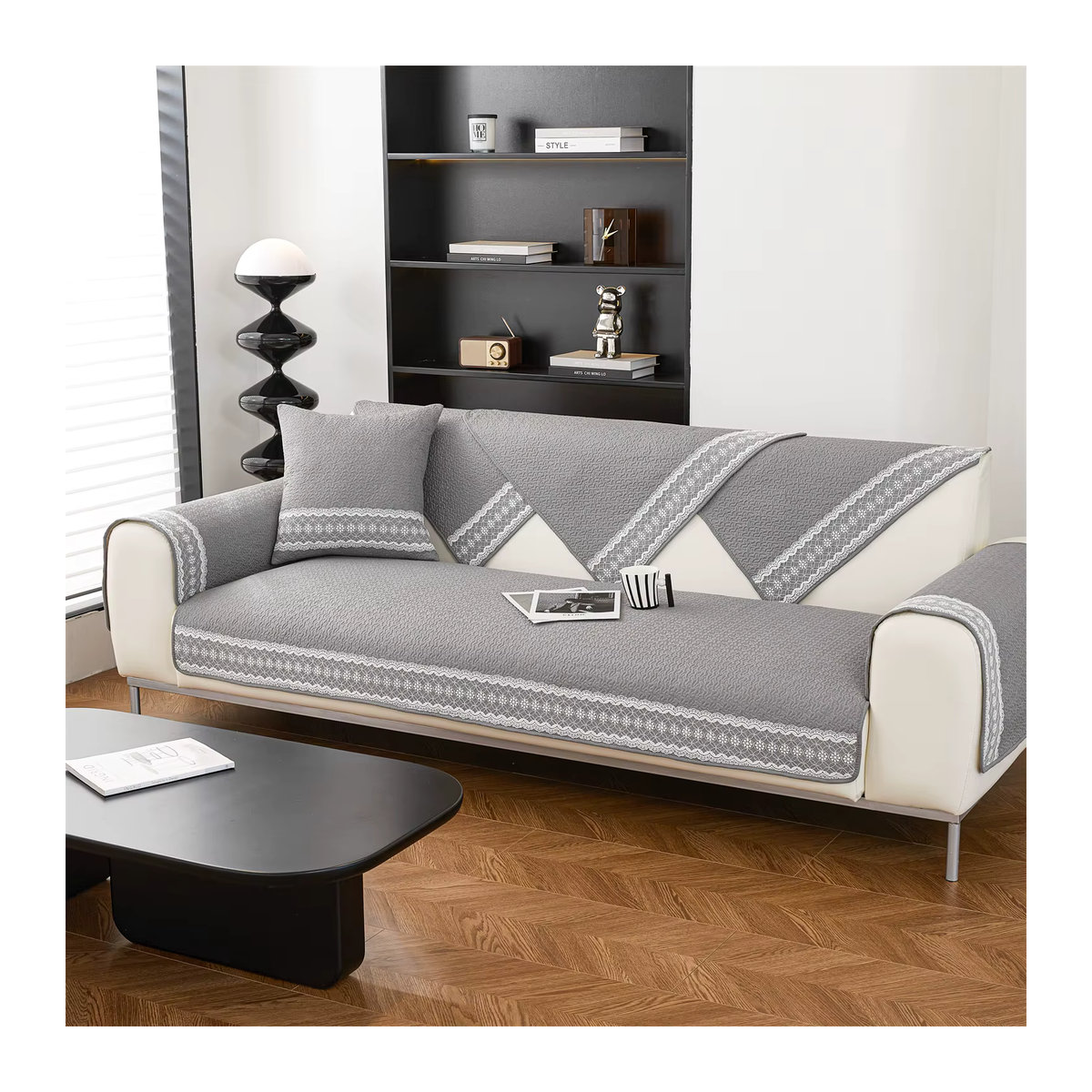 Anti-Rutsch Sofa Bezug mit Spitze zur Dekoration und zum Schutz deines Sofas in Dunkelgrau - Bild 4