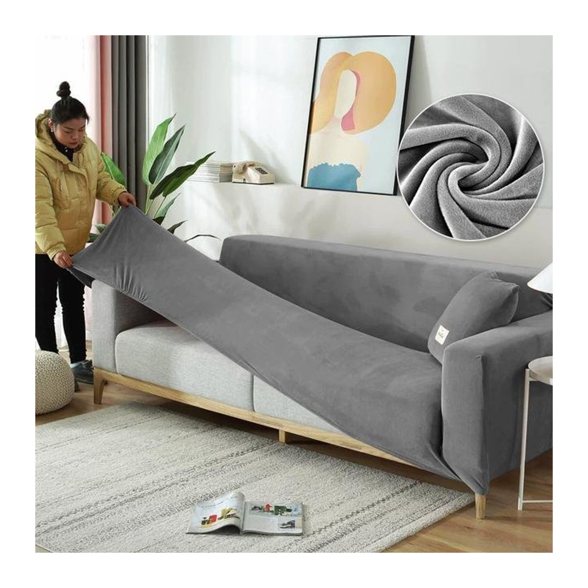 Anti-Rutsch Sofabezug aus Stretch-Samt für L-förmige Sofas und Sessel, 4-Sitzer, Farbe: Grau, Marke: A Family Of Home Textiles - Bild 1