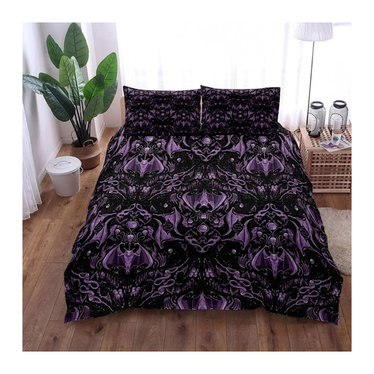 Antikes Gothic Fledermaus Bettwäsche Set in Schwarz und Lila mit Reißverschluss, B/H: 135 x 200 cm - Bild 1