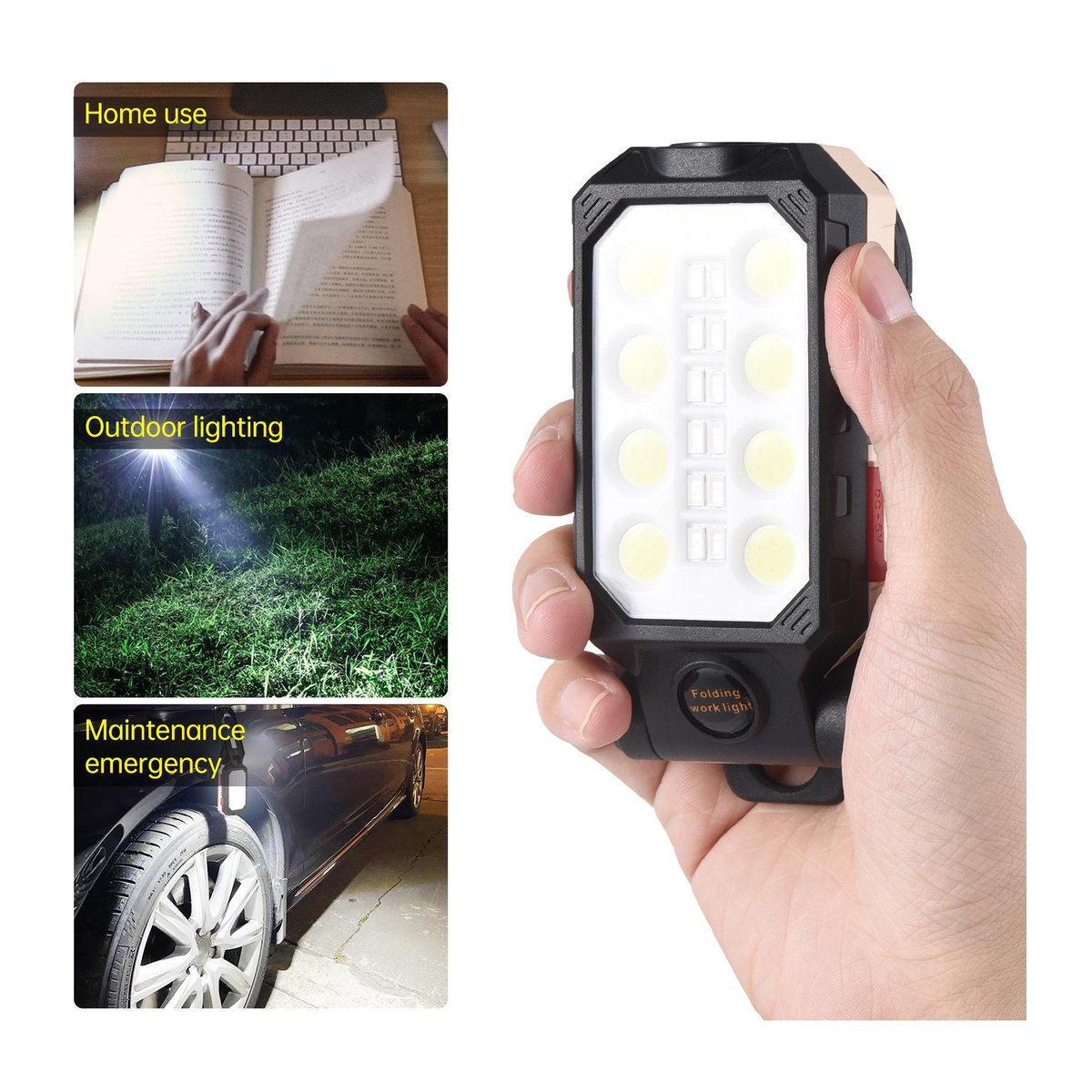 Aoresac COB-Arbeitsleuchte LED-Taschenlampe mit Magnetfuß und Aufhängehaken, USB-wiederaufladbar, 4 Modi, Schwarz/Weiß - Bild 11