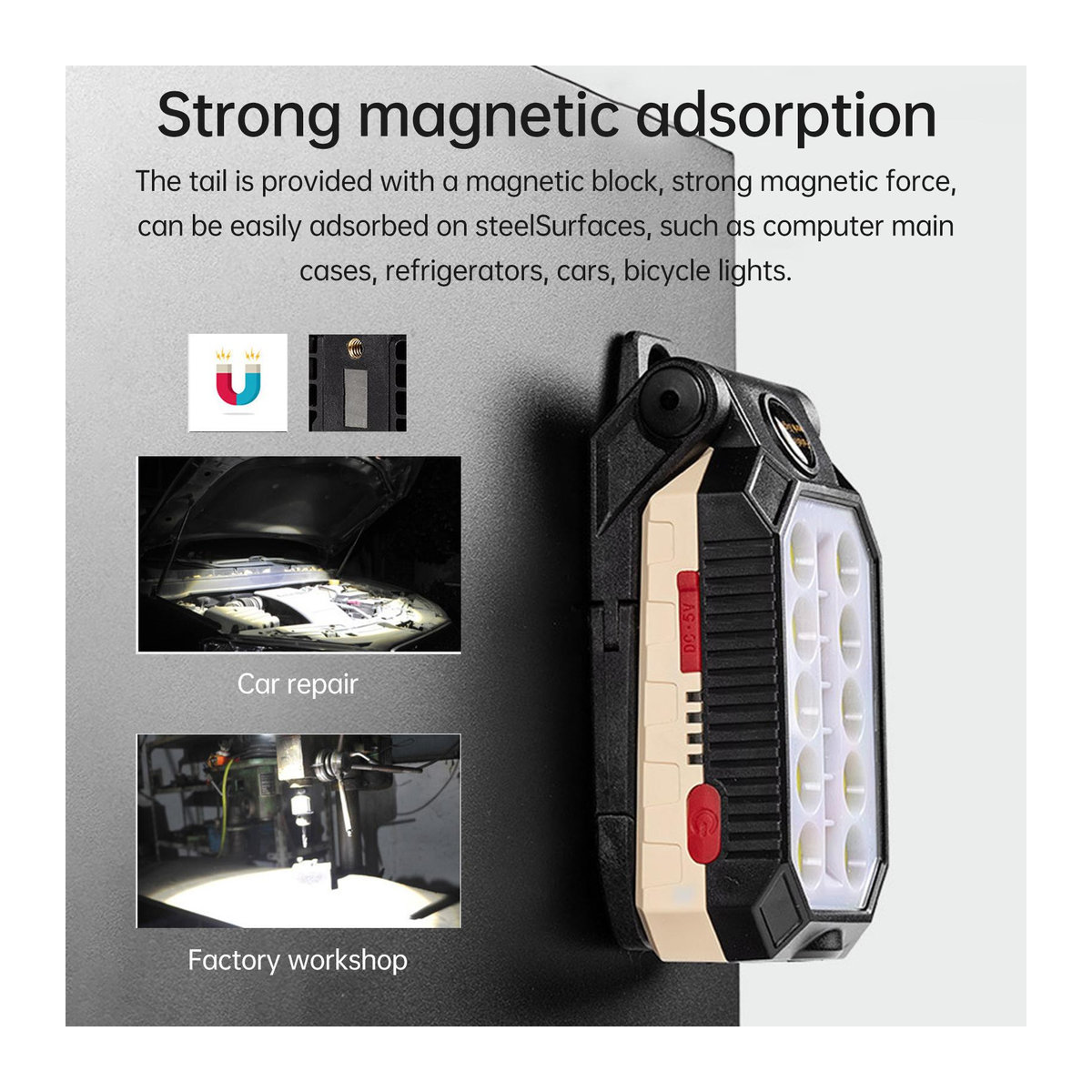 Aoresac COB-Arbeitsleuchte LED-Taschenlampe mit Magnetfuß und Aufhängehaken, USB-wiederaufladbar, 4 Modi, Schwarz/Weiß - Bild 2