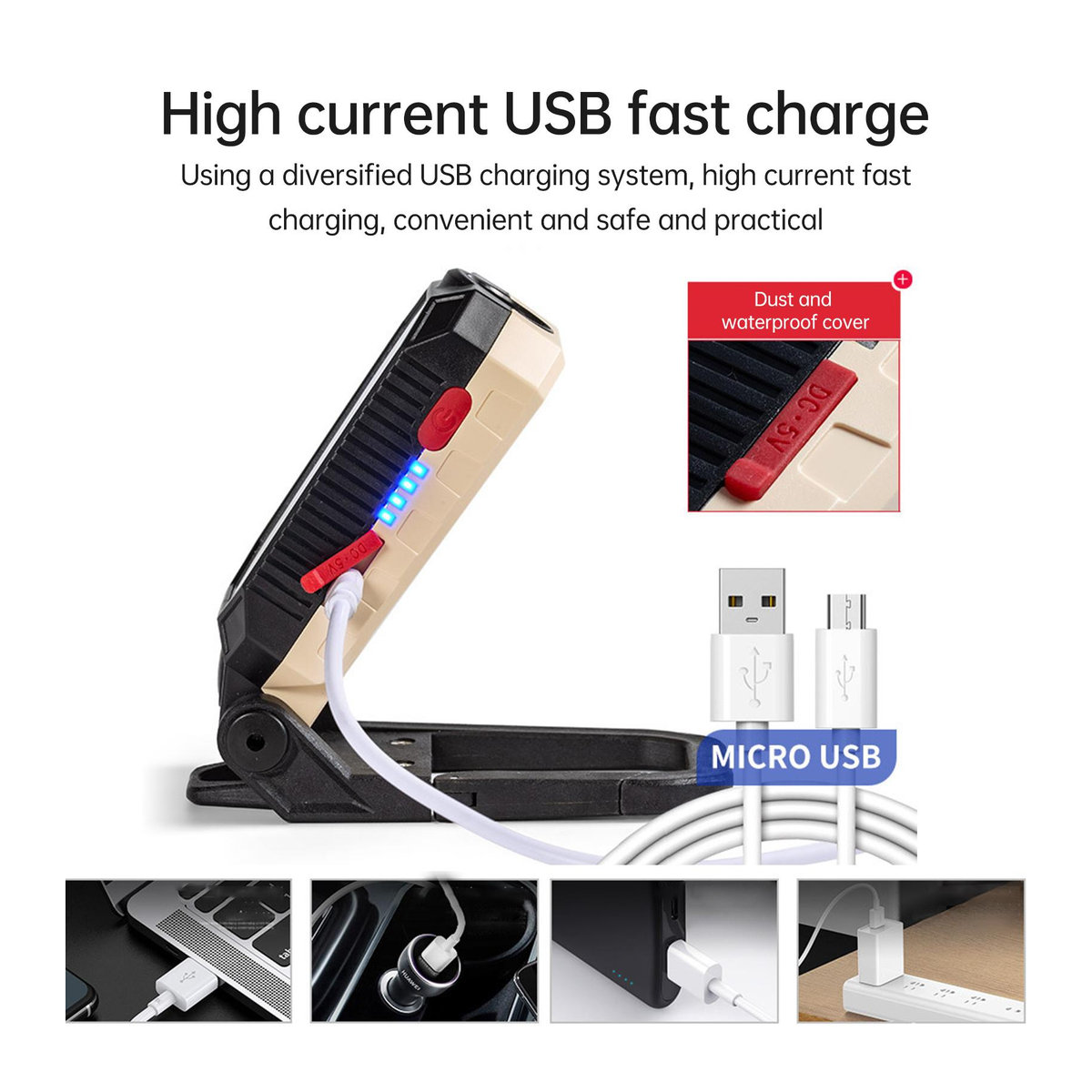 Aoresac COB-Arbeitsleuchte LED-Taschenlampe mit Magnetfuß und Aufhängehaken, USB-wiederaufladbar, 4 Modi, Schwarz/Weiß - Bild 3