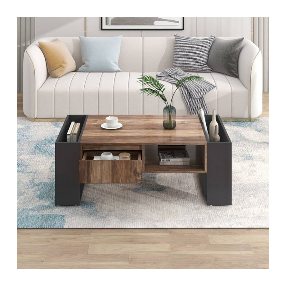 Aosom Couchtisch in Schwarz und Grau mit Holzmaserung, griffloser Schublade und doppelseitigem Stauraum, B/T/H: 106,4 x 60 x 40 cm - Bild 1
