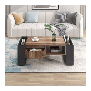 Aosom Couchtisch in Schwarz und Grau mit Holzmaserung, griffloser Schublade und doppelseitigem Stauraum, B/T/H: 106,4 x 60 x 40 cm