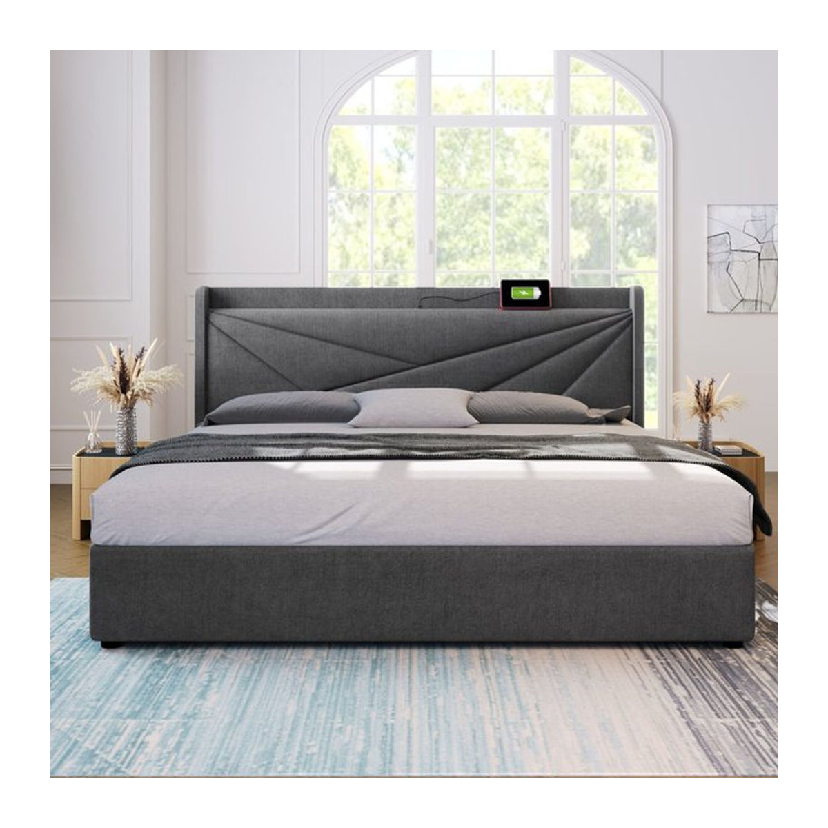 Aosom Doppelbett mit Bettkasten und USB-Typ-C-Ladefunktion in Grau mit Leinenstruktur B/T/H: 140 x 200 cm - Bild 1