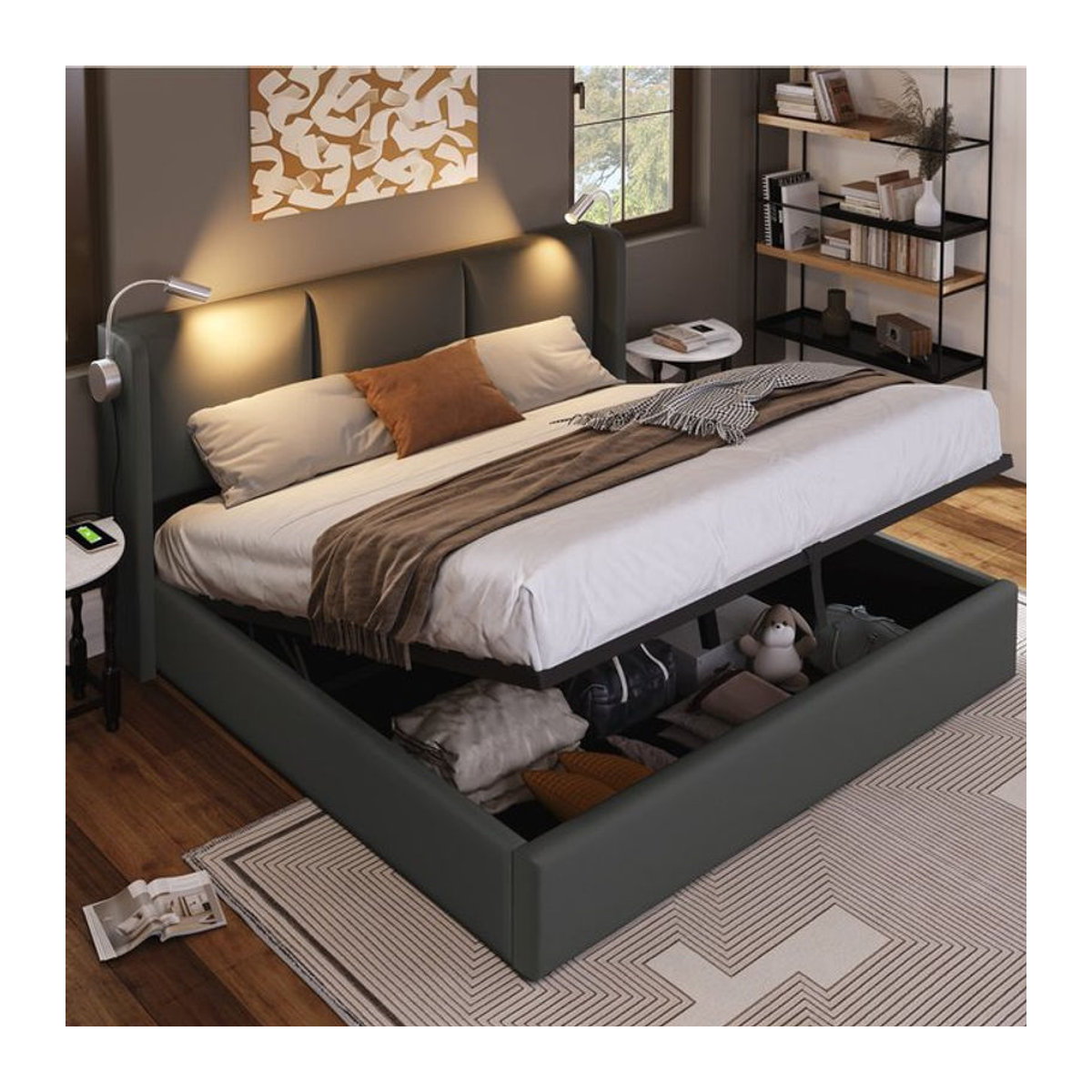 Aosom Massivholzbett Doppelbett mit Stauraum, USB-Ladefunktion und Leselampe in Grau, B/T/H: 160 x 200 cm - Bild 1